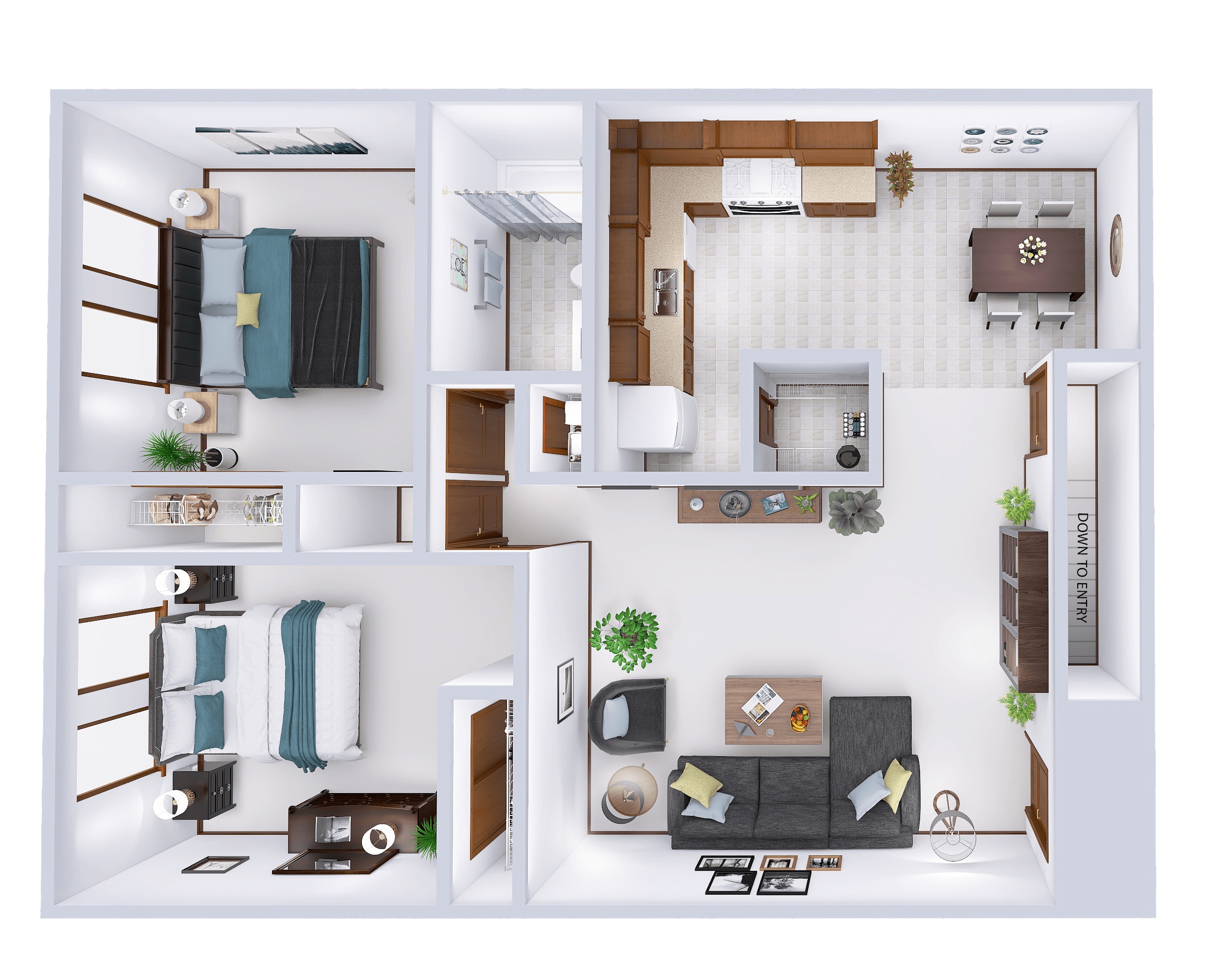 Floor plan for 2 beds, 1 bath, 978 sqft